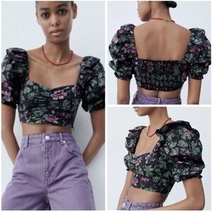 Zara Ruffled Floral Cropped Top Size Medium Puff Sleeve